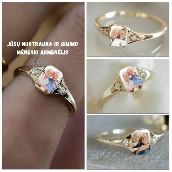 Personalizuotas žiedas su nuotrauka ir gimimo mėnesio akmenėliais