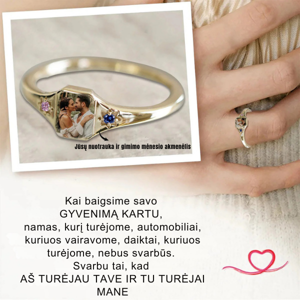 Personalizuotas žiedas su nuotrauka ir gimimo mėnesio akmenėliais