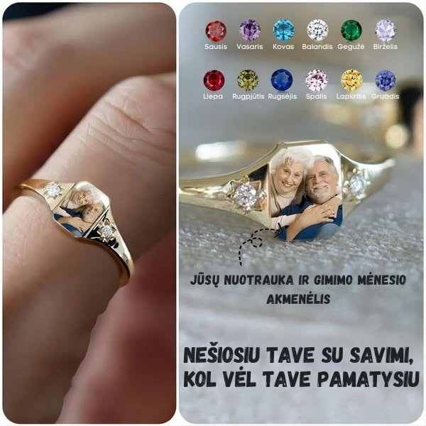Personalizuotas žiedas su nuotrauka ir gimimo mėnesio akmenėliais